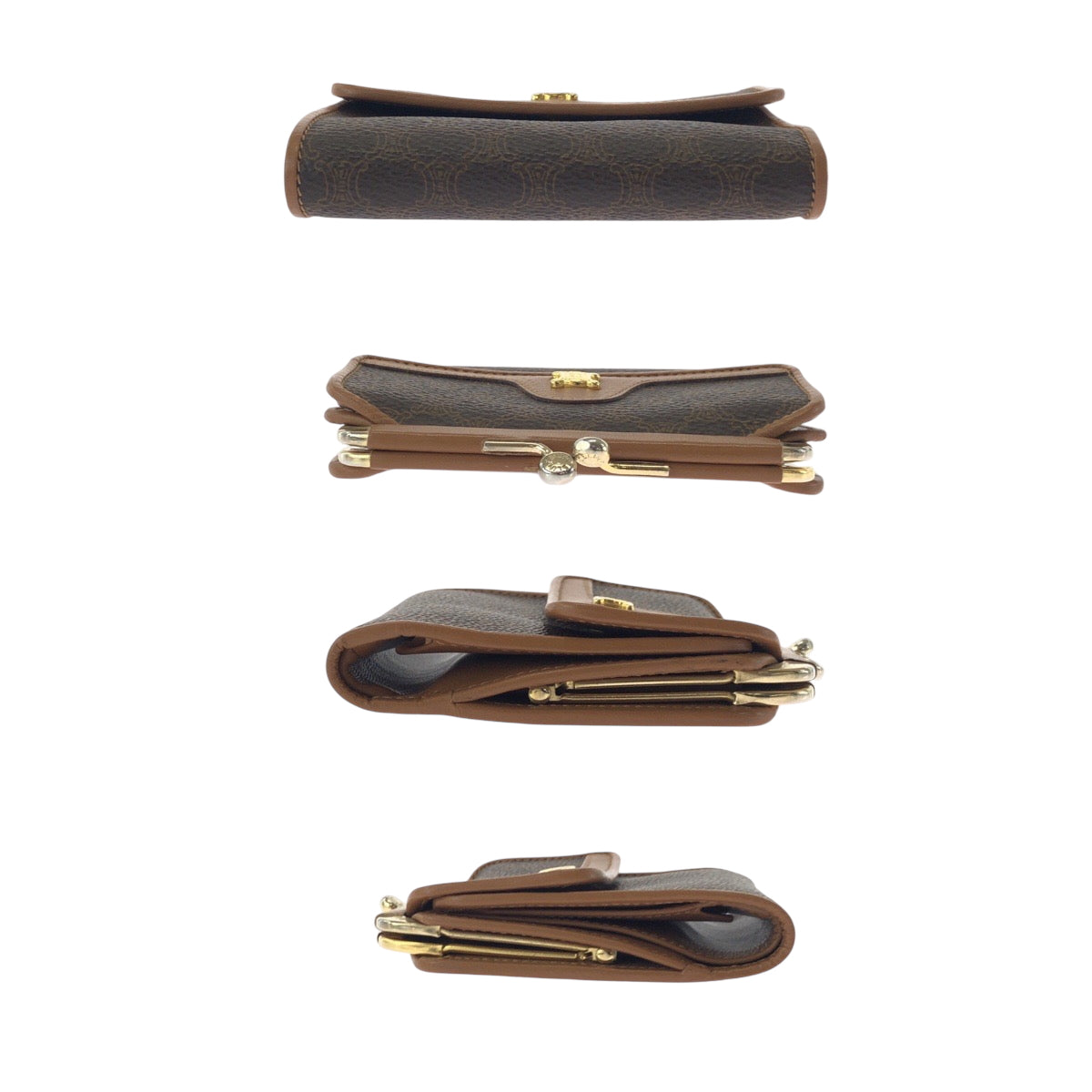 17543
CELINE セリーヌ ヴィンテージ マカダム柄 ブラウン ゴールド金具 PVC がま口 折財布 コンパクトウォレット  レディース ABP22