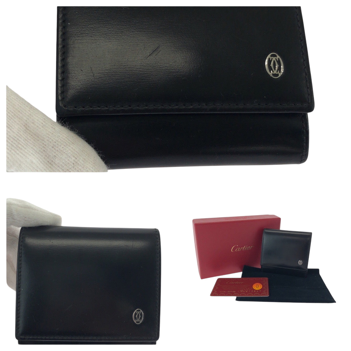 17551
CARTIER カルティエ パシャ ブラック 黒 シルバー金具 カーフ コインケース コンパクトウォレット  レディース A14