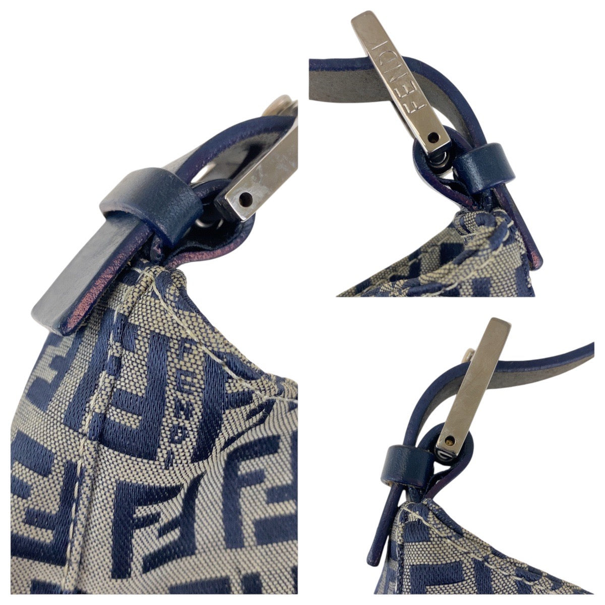 17583
FENDI フェンディ ヴィンテージ ズッキーノ ネイビー シルバー金具 キャンバス / レザー ショルダーバッグ ハンドバッグ レディース A67