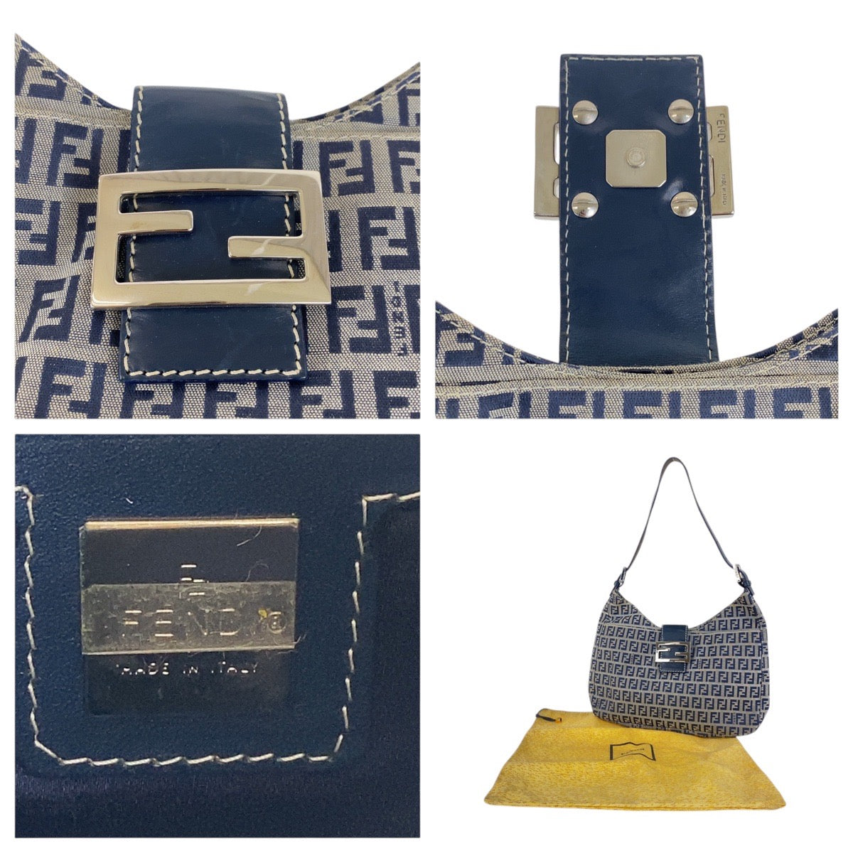 17583
FENDI フェンディ ヴィンテージ ズッキーノ ネイビー シルバー金具 キャンバス / レザー ショルダーバッグ ハンドバッグ レディース A67