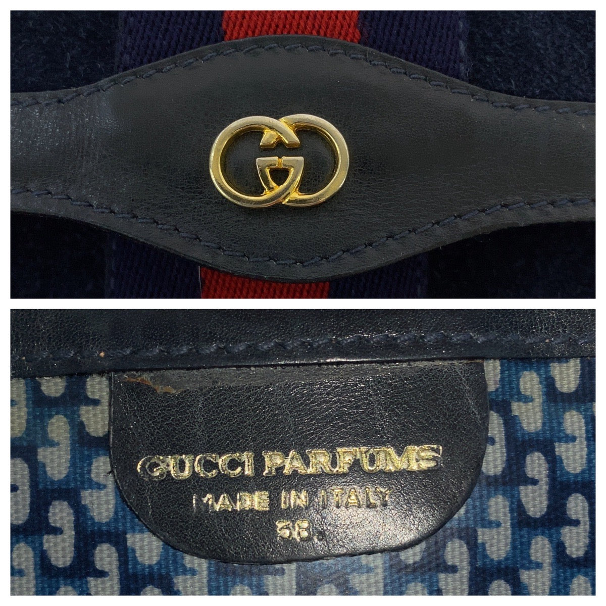 17584
GUCCI グッチ ヴィンテージ シェリーライン オールドグッチ ネイビー ゴールド金具 スウェード / レザー クラッチバッグ  レディース