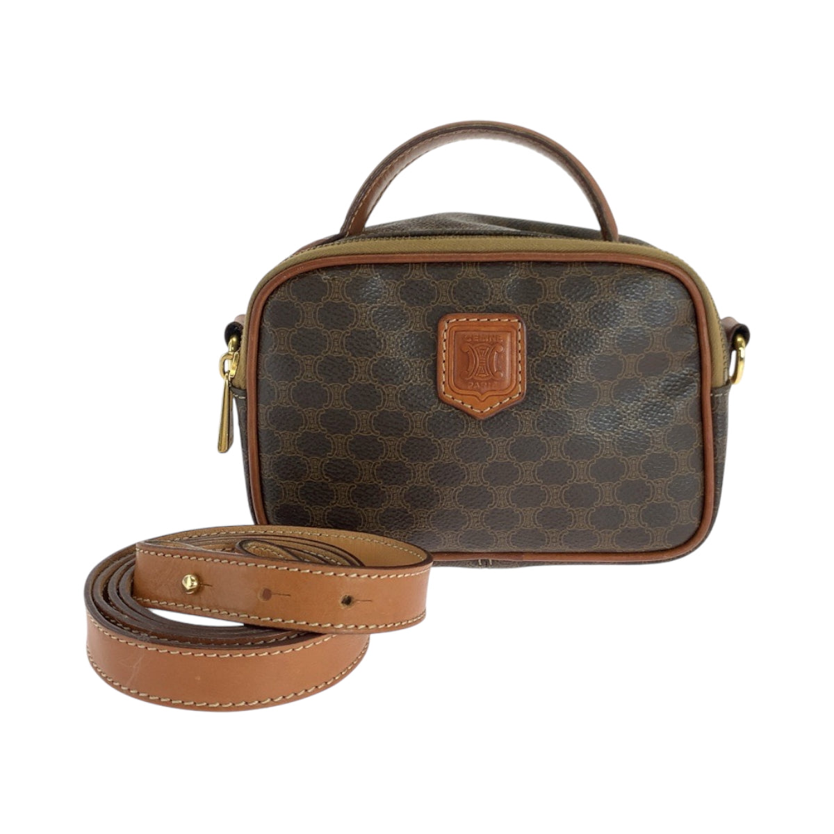 17627
CELINE セリーヌ ヴィンテージ マカダム ダークブラウン ブラウン ゴールド金具 PVC ショルダーバッグ バニティバッグ 2way レディース AB27