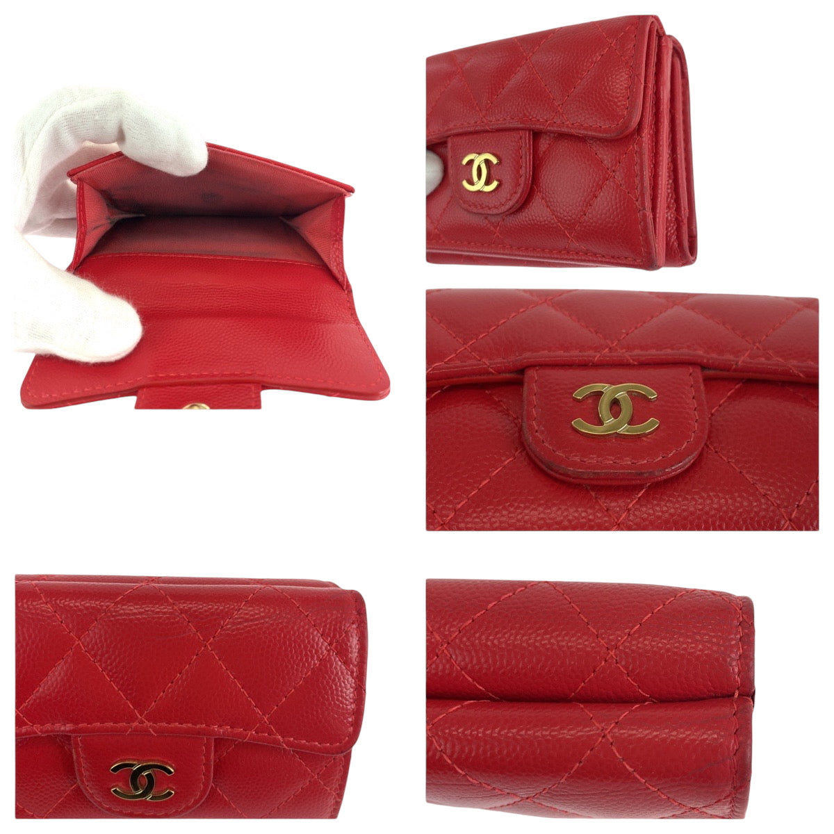 17671
CHANEL シャネル マトラッセ スモールフラップ ココマーク レッド ゴールド金具 キャビアスキン 折財布 コンパクトウォレット レディース AB68