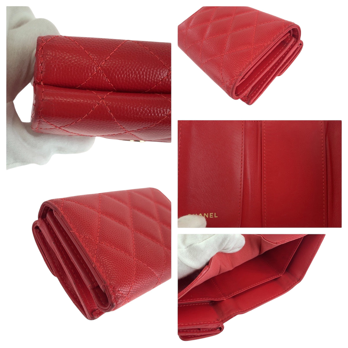 17671
CHANEL シャネル マトラッセ スモールフラップ ココマーク レッド ゴールド金具 キャビアスキン 折財布 コンパクトウォレット レディース AB68