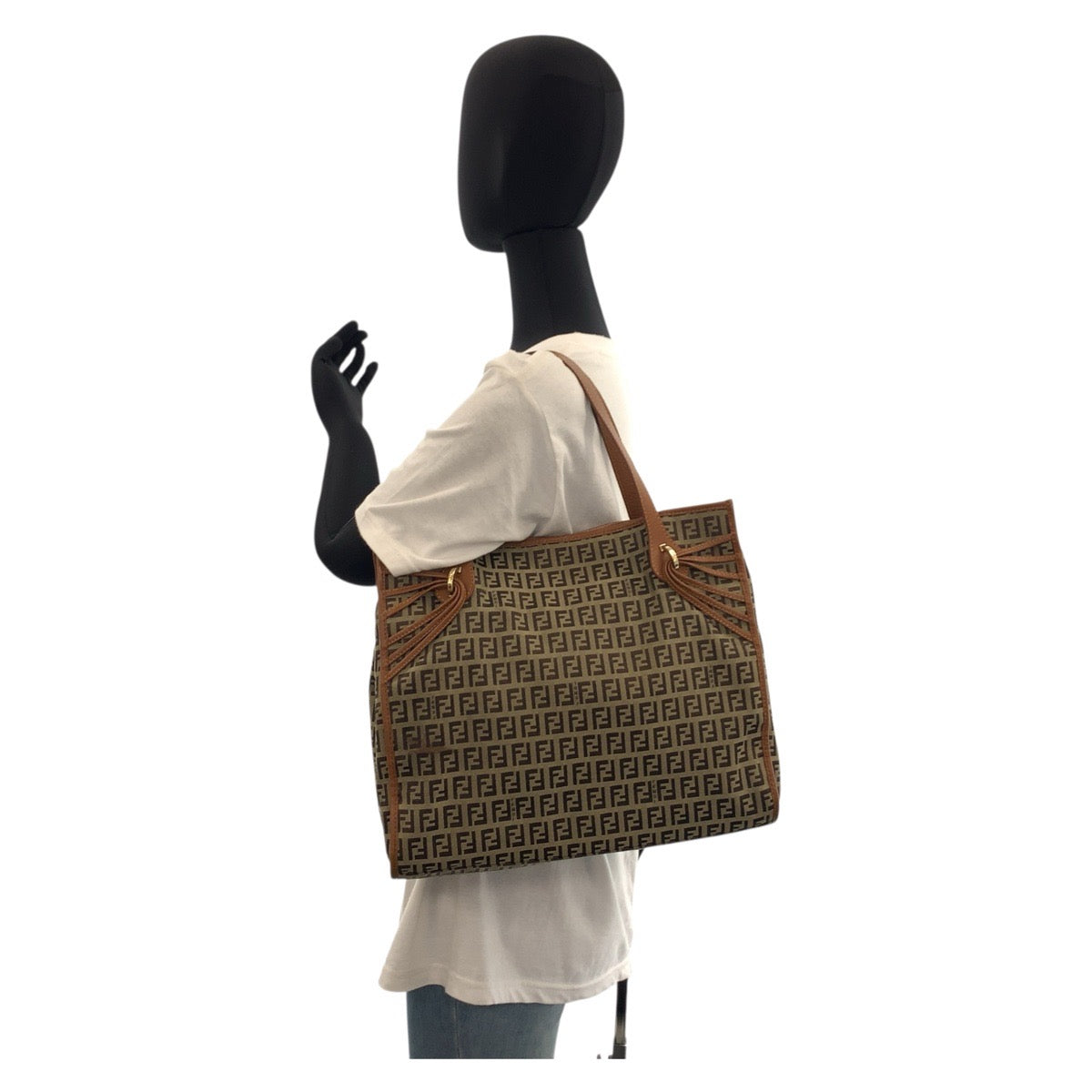 17664
FENDI フェンディ ズッキーノ ブラウン ゴールド金具 キャンバス / レザー 8BH153 トートバッグ ショルダーバッグ  レディース AB45