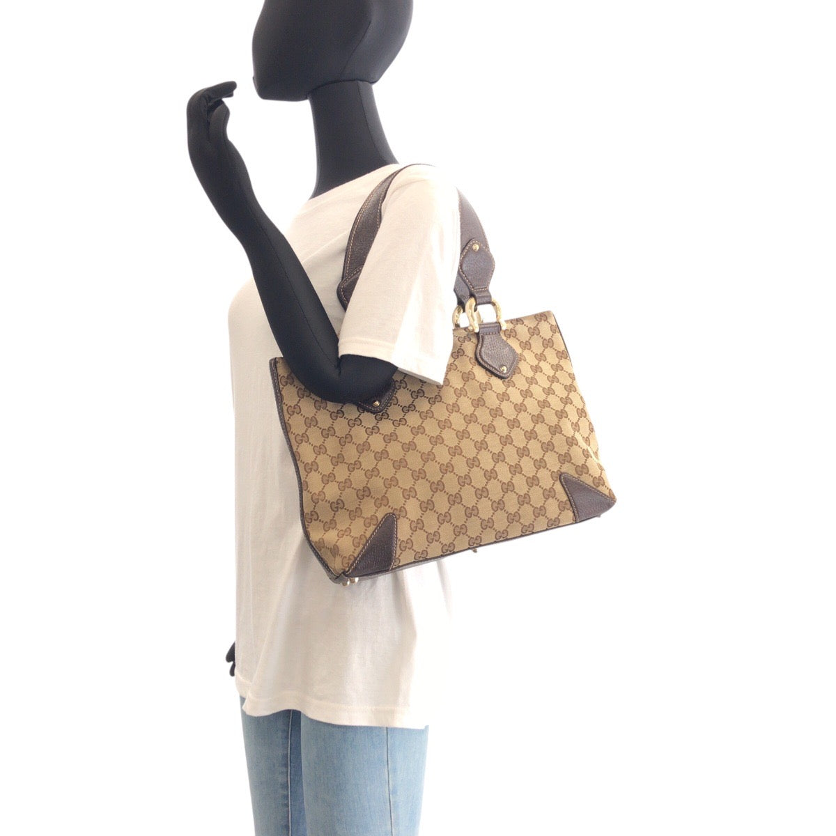 17669
GUCCI グッチ ベージュ ブラウン ゴールド金具 GGキャンバス / レザー 153024 トートバッグ ショルダーバッグ  レディース AB39