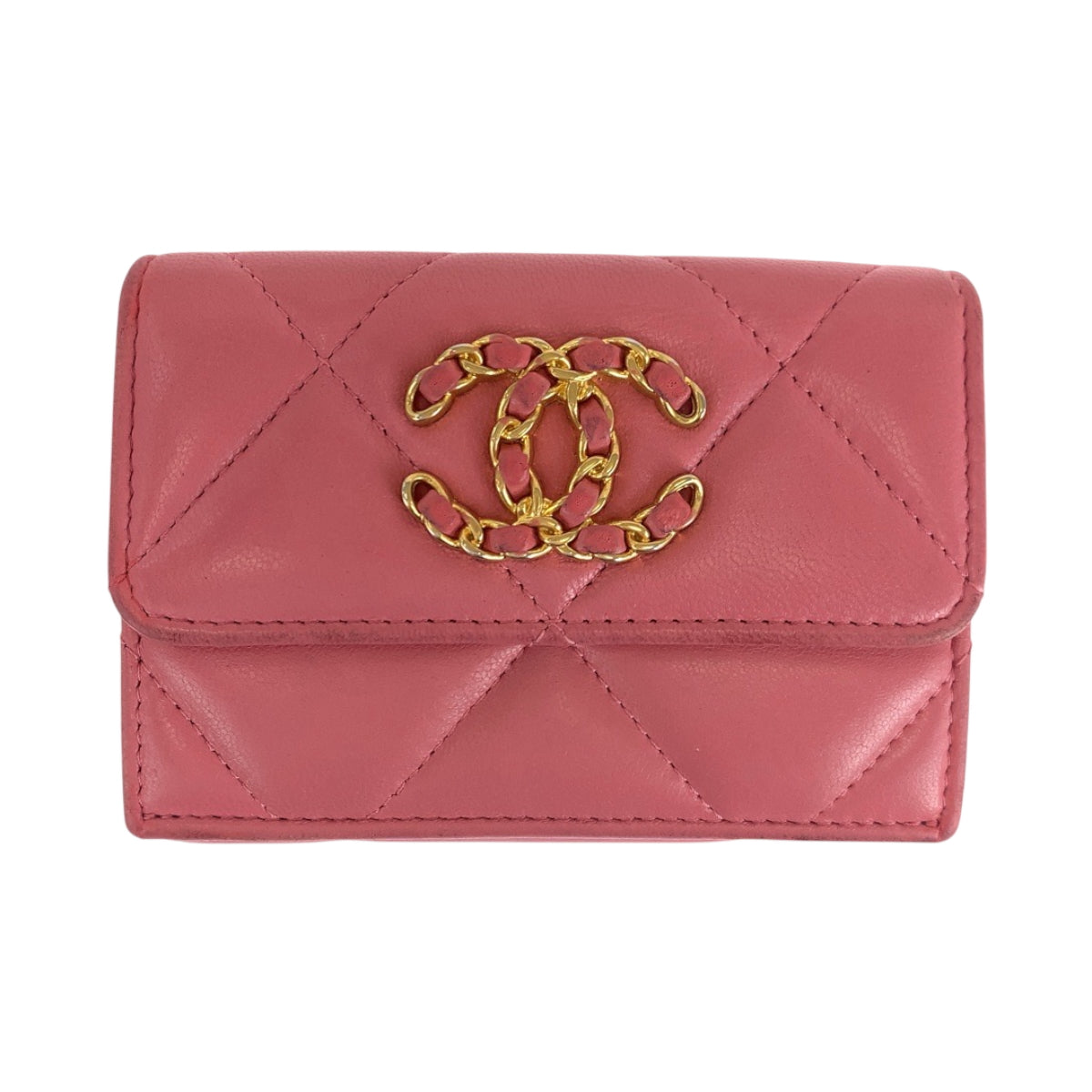 17672
CHANEL シャネル 19年 マトラッセ スモールフラップ ココマーク ピンク ゴールド金具 ラムスキン 折財布 コンパクトウォレット  レディース AB68