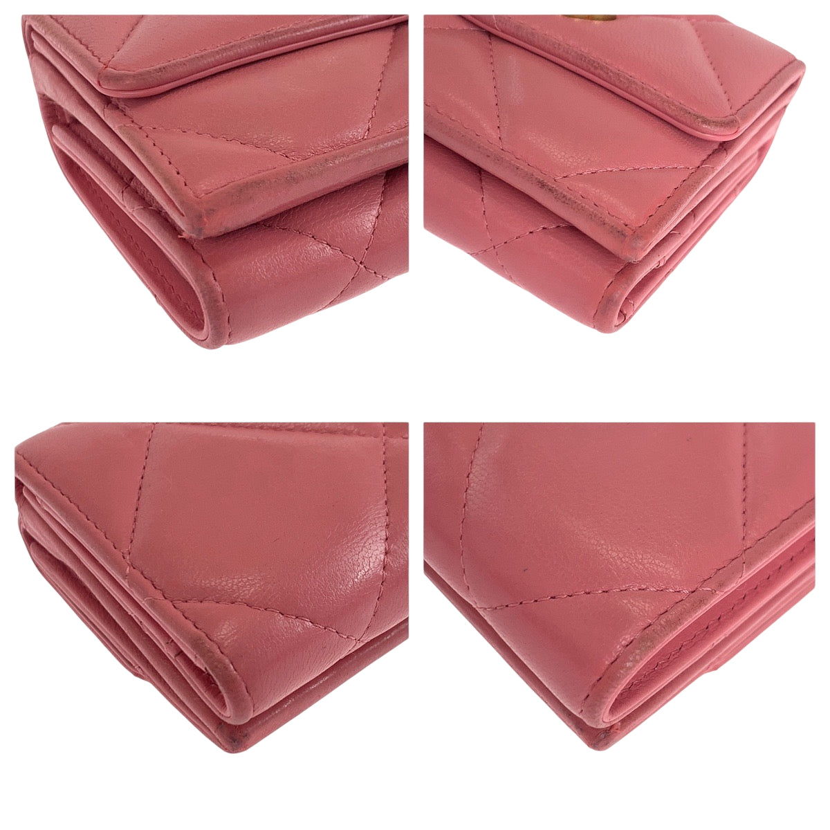 17672
CHANEL シャネル 19年 マトラッセ スモールフラップ ココマーク ピンク ゴールド金具 ラムスキン 折財布 コンパクトウォレット  レディース AB68