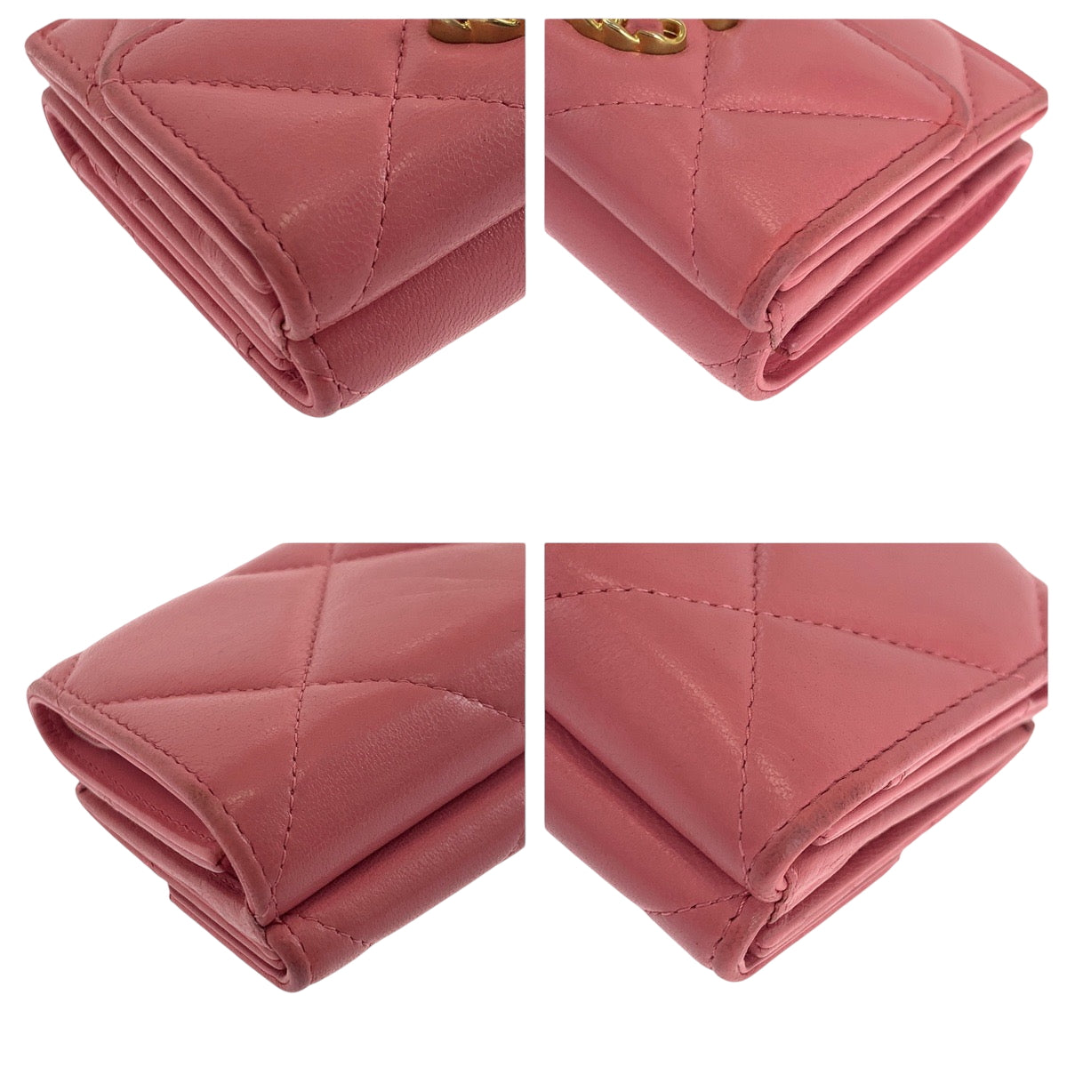 17672
CHANEL シャネル 19年 マトラッセ スモールフラップ ココマーク ピンク ゴールド金具 ラムスキン 折財布 コンパクトウォレット  レディース AB68