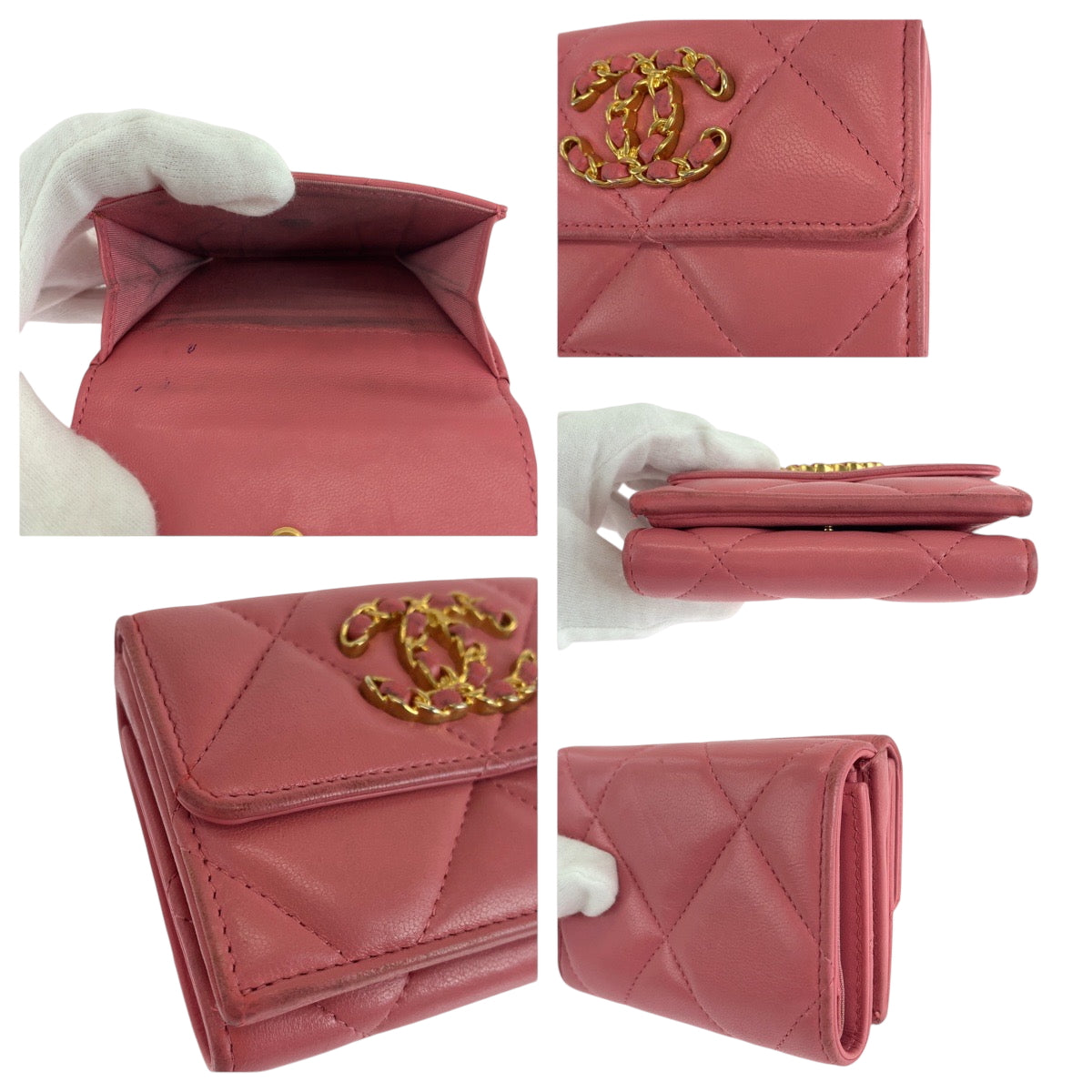 17672
CHANEL シャネル 19年 マトラッセ スモールフラップ ココマーク ピンク ゴールド金具 ラムスキン 折財布 コンパクトウォレット  レディース AB68