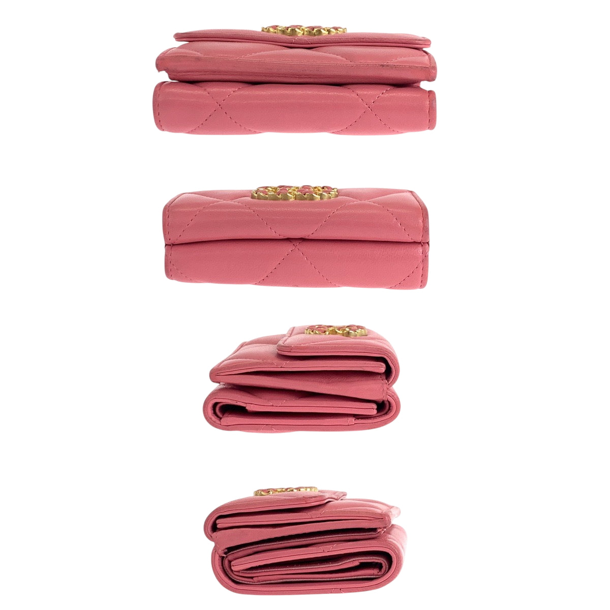 17672
CHANEL シャネル 19年 マトラッセ スモールフラップ ココマーク ピンク ゴールド金具 ラムスキン 折財布 コンパクトウォレット  レディース AB68