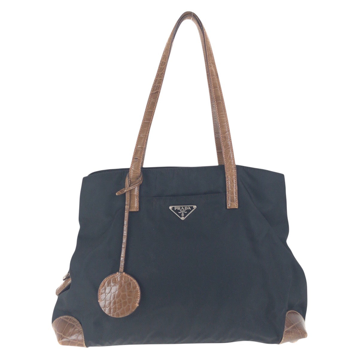 17740
PRADA プラダ テスート 三角ロゴプレート 型押し ブラック 黒 ブラウン シルバー金具 ナイロン / レザー ショルダーバッグ トートバッグ  レディース AB41