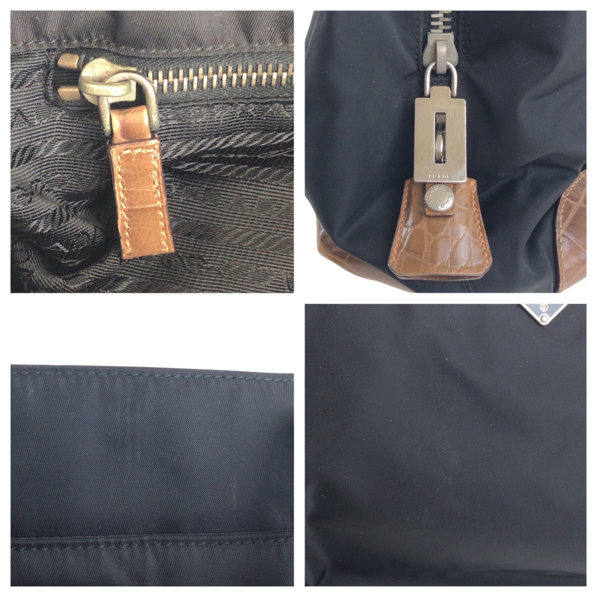 17740
PRADA プラダ テスート 三角ロゴプレート 型押し ブラック 黒 ブラウン シルバー金具 ナイロン / レザー ショルダーバッグ トートバッグ  レディース AB41