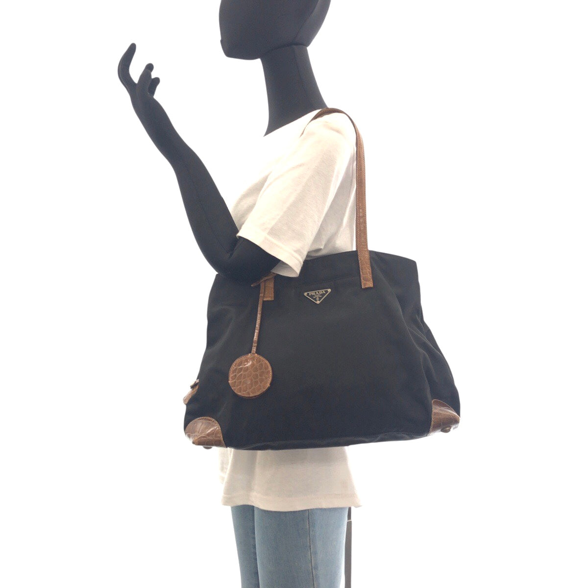 17740
PRADA プラダ テスート 三角ロゴプレート 型押し ブラック 黒 ブラウン シルバー金具 ナイロン / レザー ショルダーバッグ トートバッグ  レディース AB41