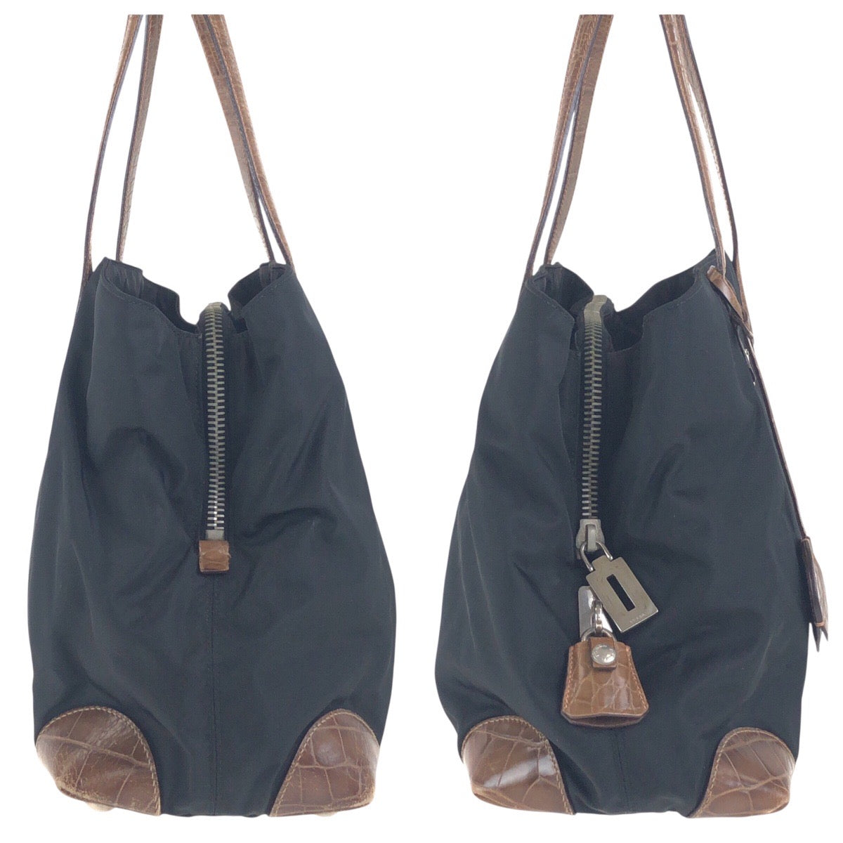 17740
PRADA プラダ テスート 三角ロゴプレート 型押し ブラック 黒 ブラウン シルバー金具 ナイロン / レザー ショルダーバッグ トートバッグ  レディース AB41