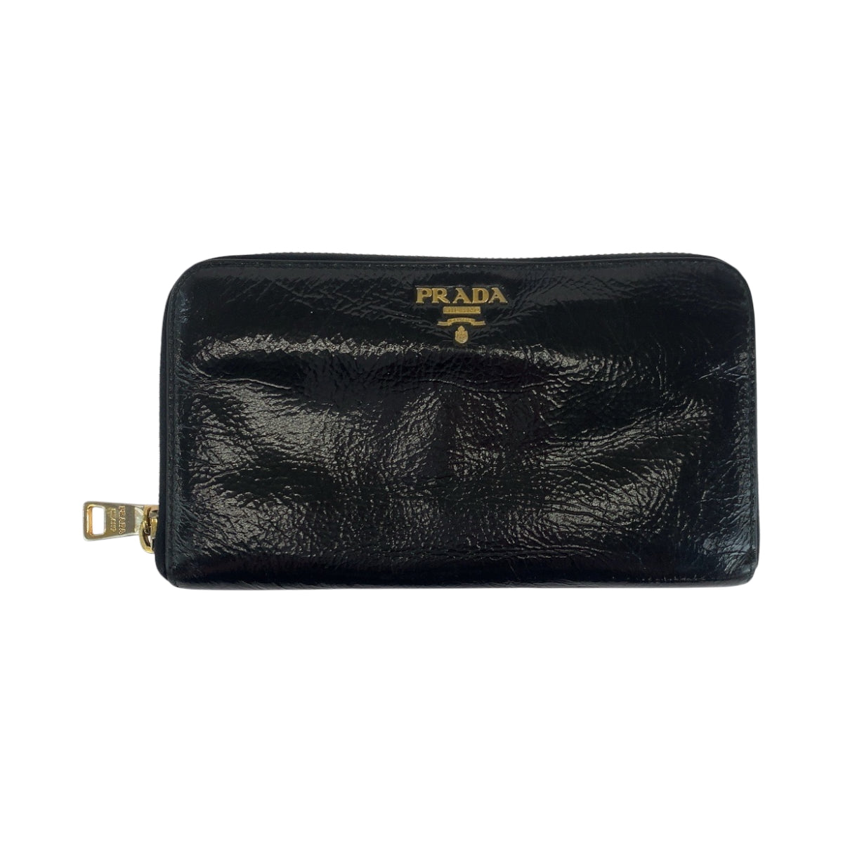 17747
PRADA プラダ ロゴ 男女兼用 ブラック 黒 ゴールド金具 パテントレザー ロングウォレット ラウンドファスナー  メンズ AB11