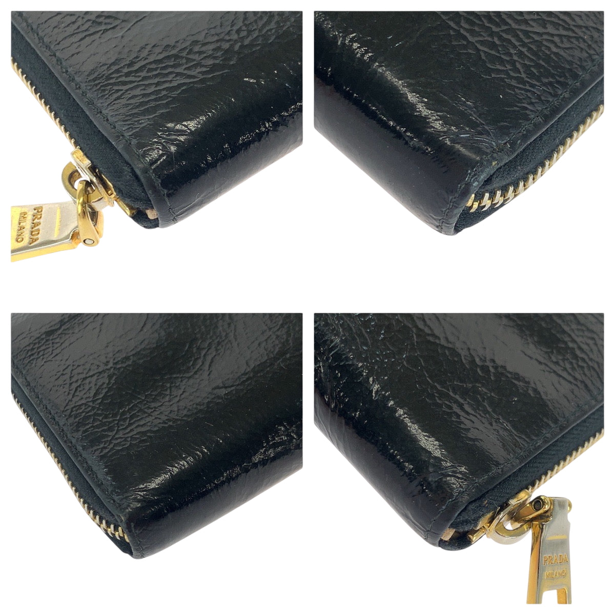 17747
PRADA プラダ ロゴ 男女兼用 ブラック 黒 ゴールド金具 パテントレザー ロングウォレット ラウンドファスナー  メンズ AB11