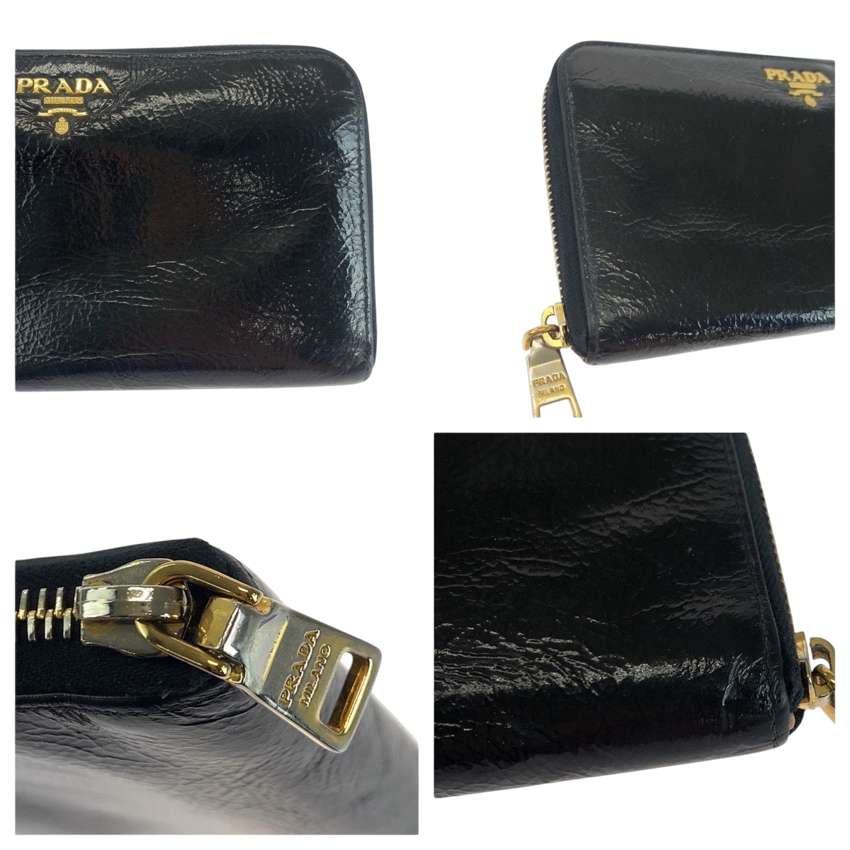 17747
PRADA プラダ ロゴ 男女兼用 ブラック 黒 ゴールド金具 パテントレザー ロングウォレット ラウンドファスナー  メンズ AB11