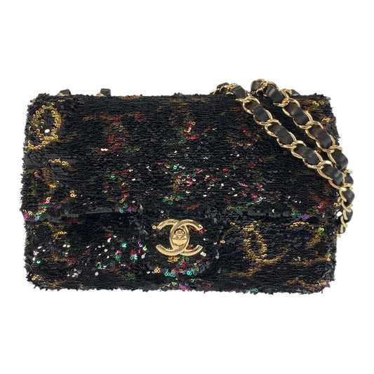 17757
CHANEL シャネル ココマーク ターンロック スパンコール ブラック 黒 マルチカラー ゴールド金具 ラムスキン チェーンショルダーバッグ レディース S648