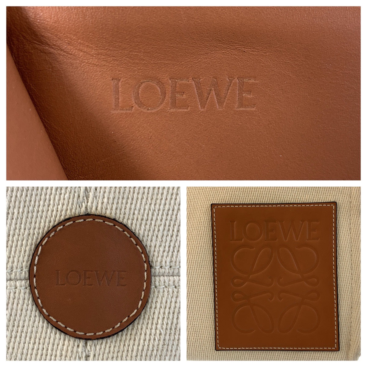 17759
LOEWE ロエベ アナグラム クッショントート ベージュ ブラウン キャンバス / レザー トートバッグ ショルダーバッグ  レディース AB67