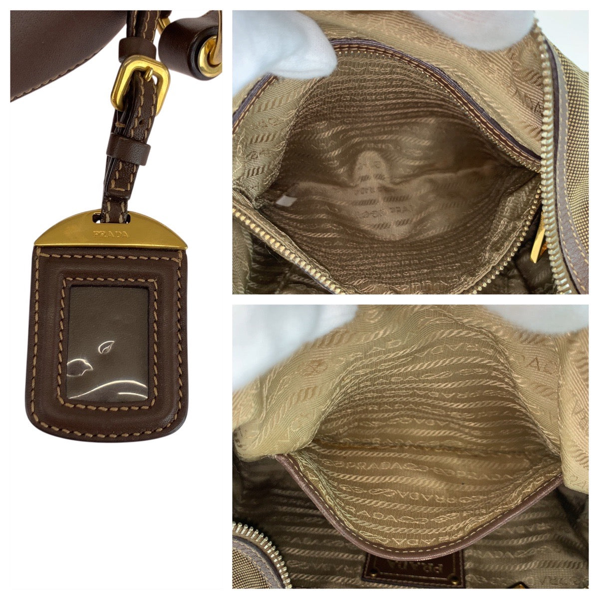 17767
PRADA プラダ ロゴジャガード ブラウン ゴールド金具 キャンバス / レザー ホーボー ショルダーバッグ レディース ABP48