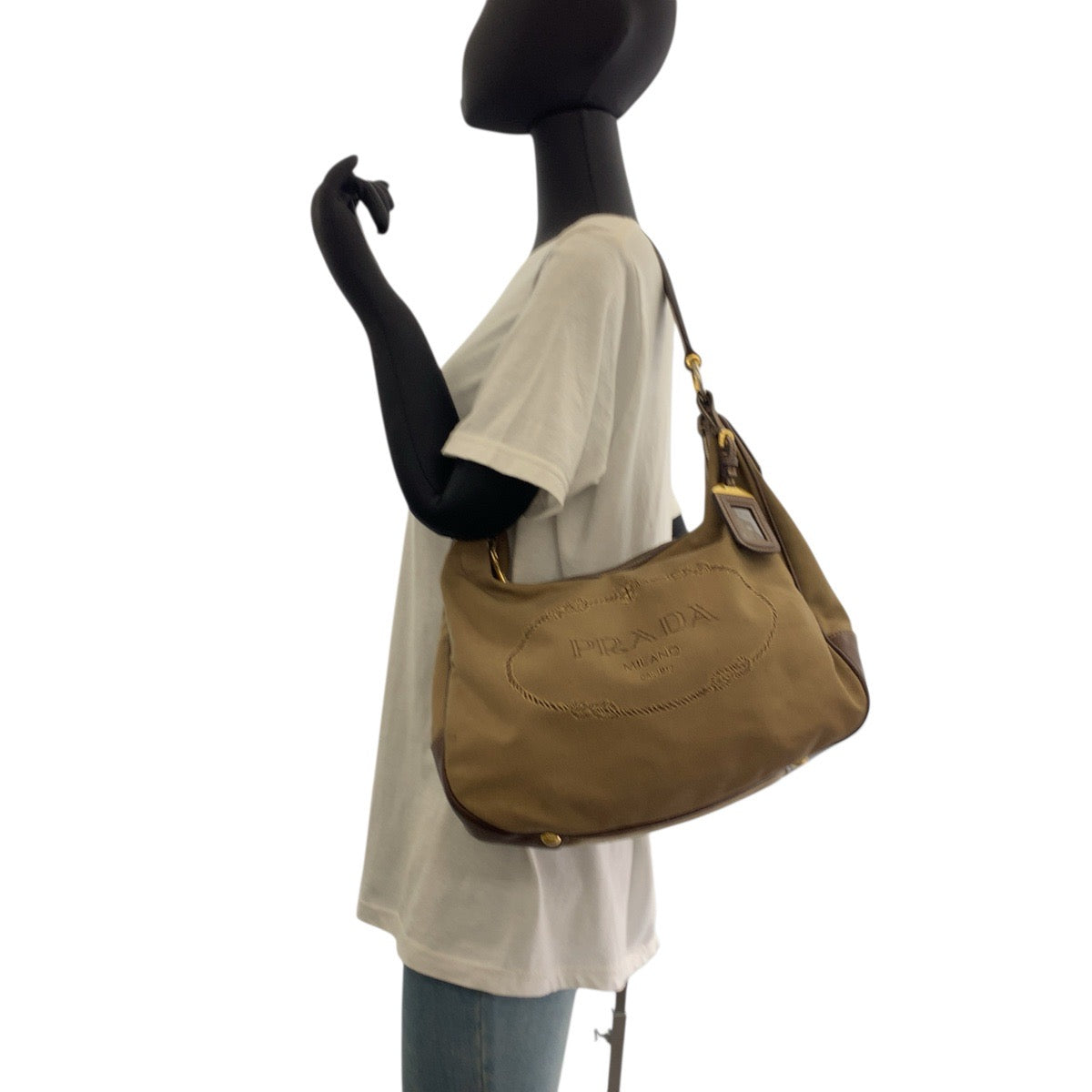 17767
PRADA プラダ ロゴジャガード ブラウン ゴールド金具 キャンバス / レザー ホーボー ショルダーバッグ レディース ABP48