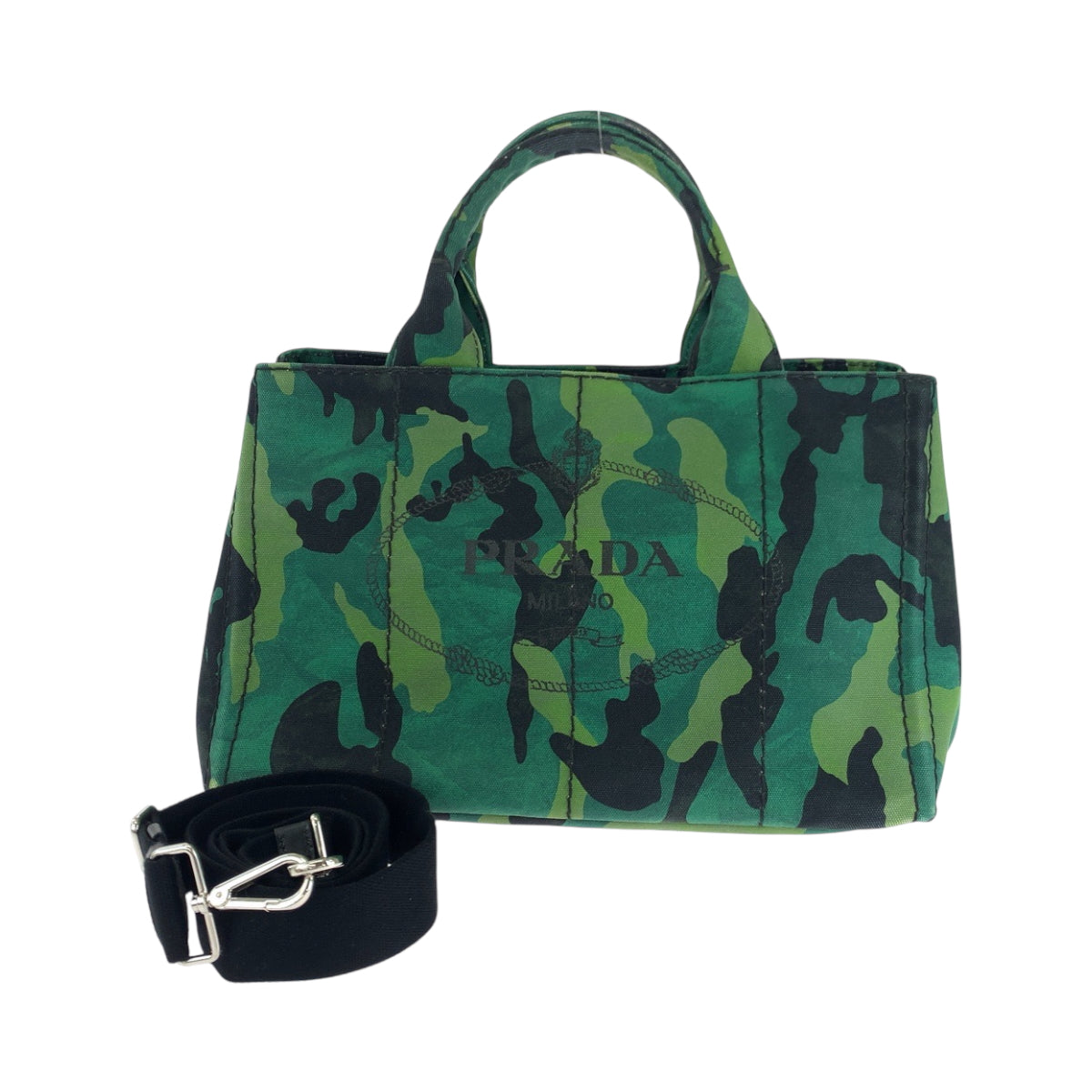 17768
PRADA プラダ カナパトート カモフラ柄 ロゴ グリーン マルチカラー シルバー金具 キャンバス B2642B ショルダーバッグ トートバッグ 2way レディース ABP70