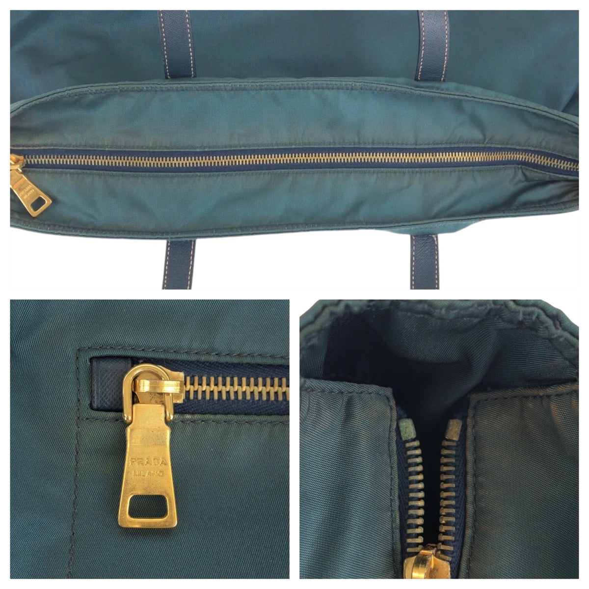 17771
PRADA プラダ テスート 三角ロゴプレート グリーン ネイビー ゴールド金具 ナイロン / レザー トートバッグ ショルダーバッグ 2way  レディース AB33