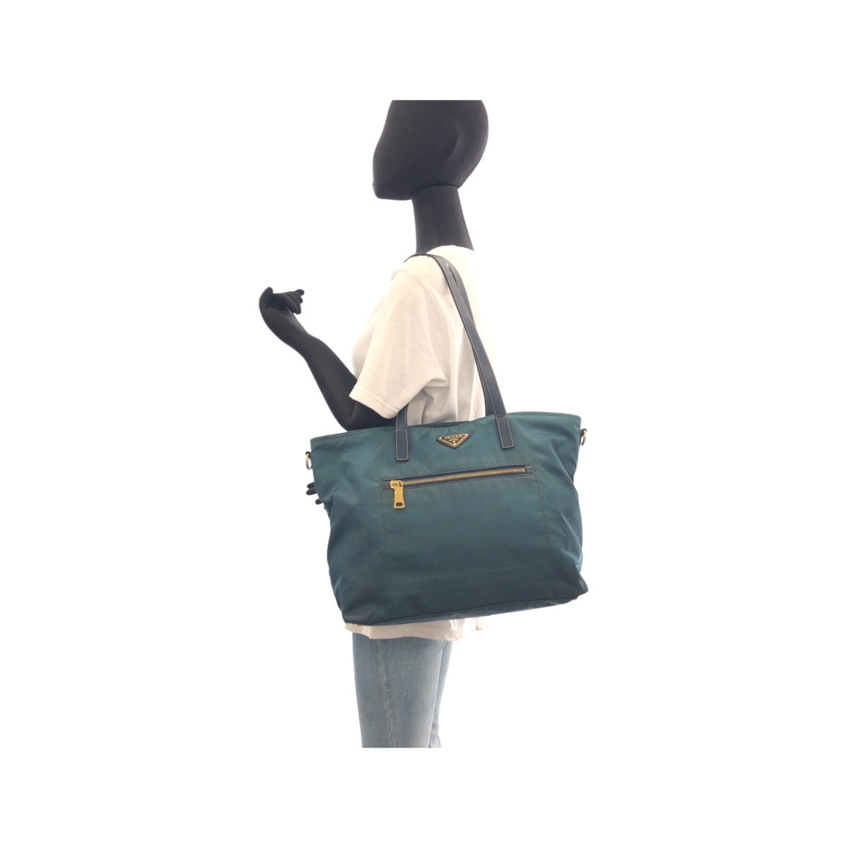 17771
PRADA プラダ テスート 三角ロゴプレート グリーン ネイビー ゴールド金具 ナイロン / レザー トートバッグ ショルダーバッグ 2way  レディース AB33