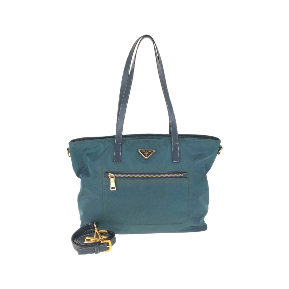 17771
PRADA プラダ テスート 三角ロゴプレート グリーン ネイビー ゴールド金具 ナイロン / レザー トートバッグ ショルダーバッグ 2way  レディース AB33