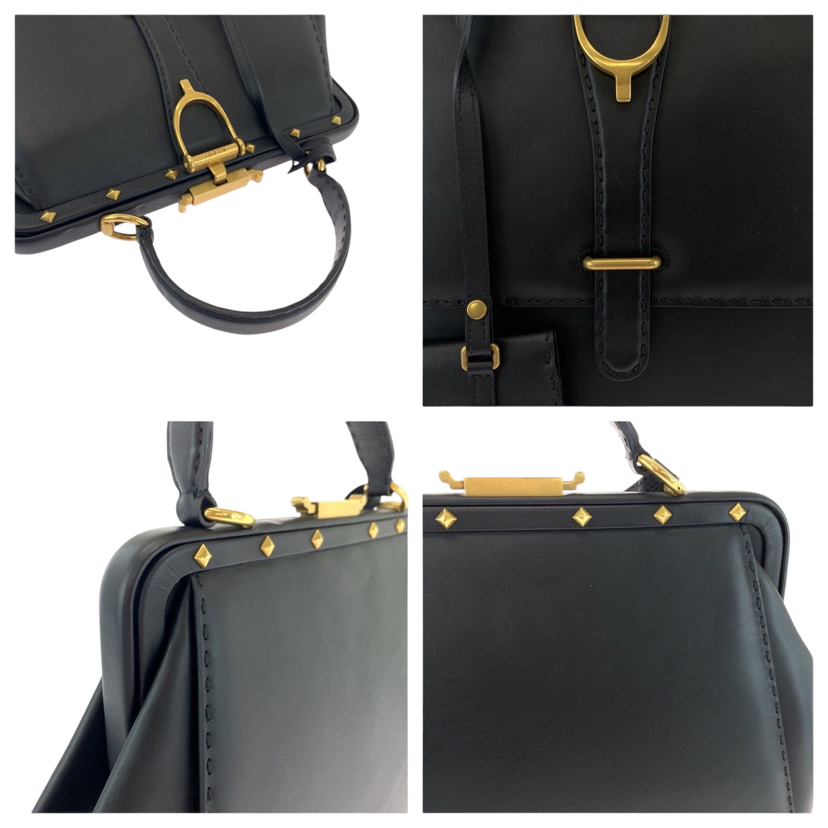 17797
GUCCI グッチ リミテッドエディション スターラップ ブラック 黒 ゴールド金具 レザー 303888 ハンドバッグ ミラー付き  レディース A62