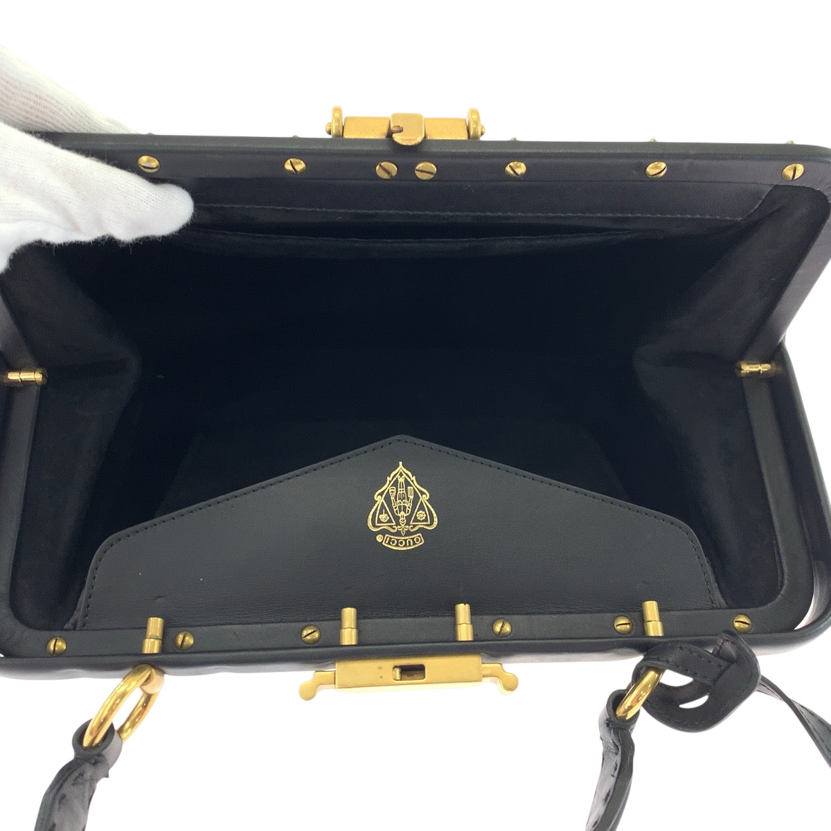 17797
GUCCI グッチ リミテッドエディション スターラップ ブラック 黒 ゴールド金具 レザー 303888 ハンドバッグ ミラー付き  レディース A62