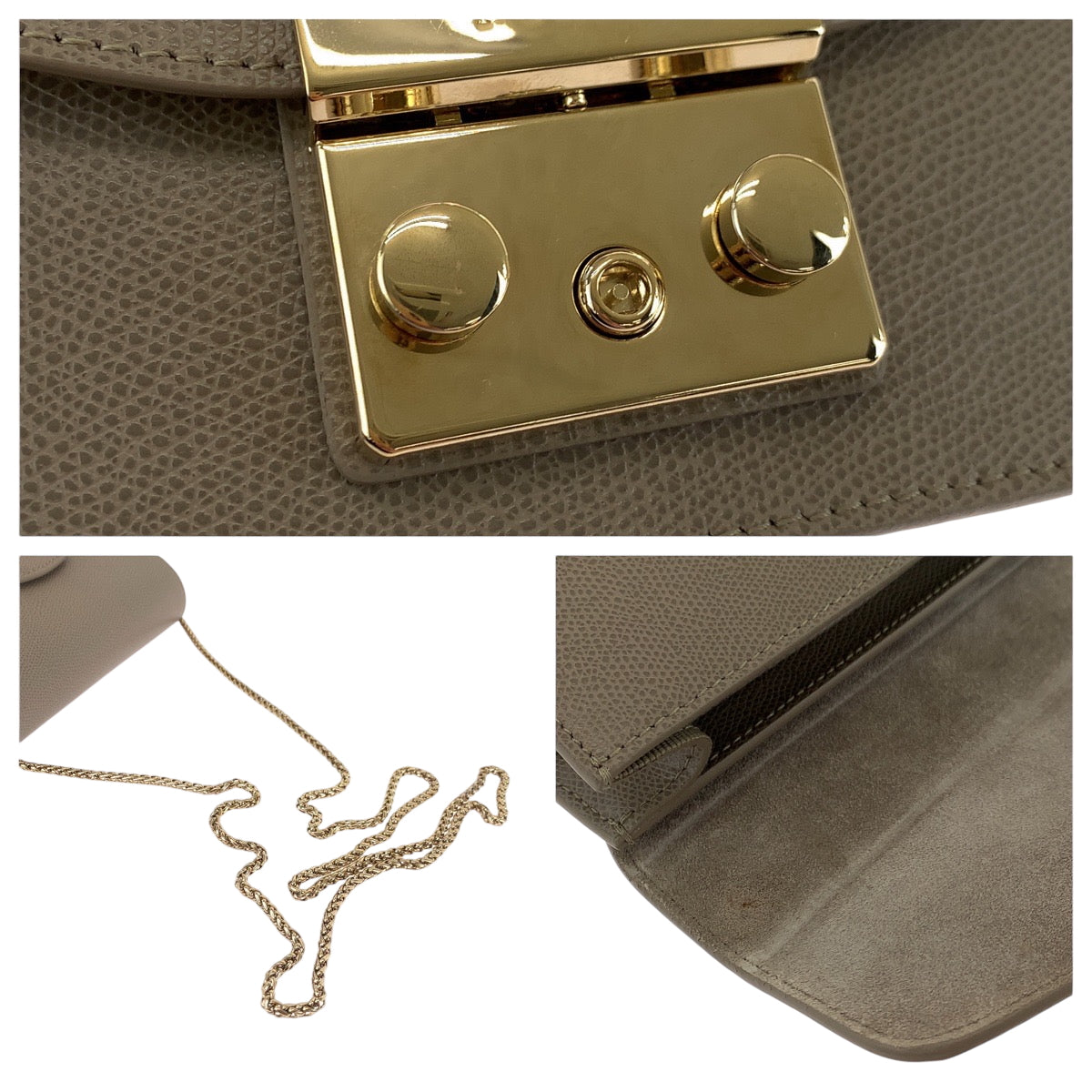 17807
Furla フルラ メトロポリス グレージュ ゴールド金具 レザー チェーンショルダーバッグ ポシェット  レディース A12