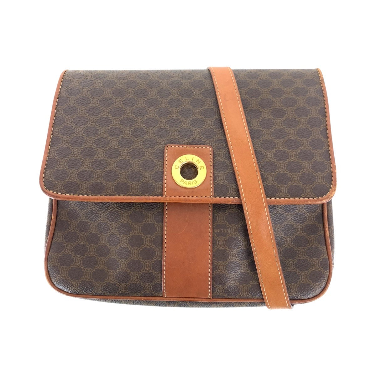 17812
CELINE セリーヌ ヴィンテージ マカダム サークルロゴ ブラウン ゴールド金具 PVC / レザー ショルダーバッグ ポシェット レディース AB46