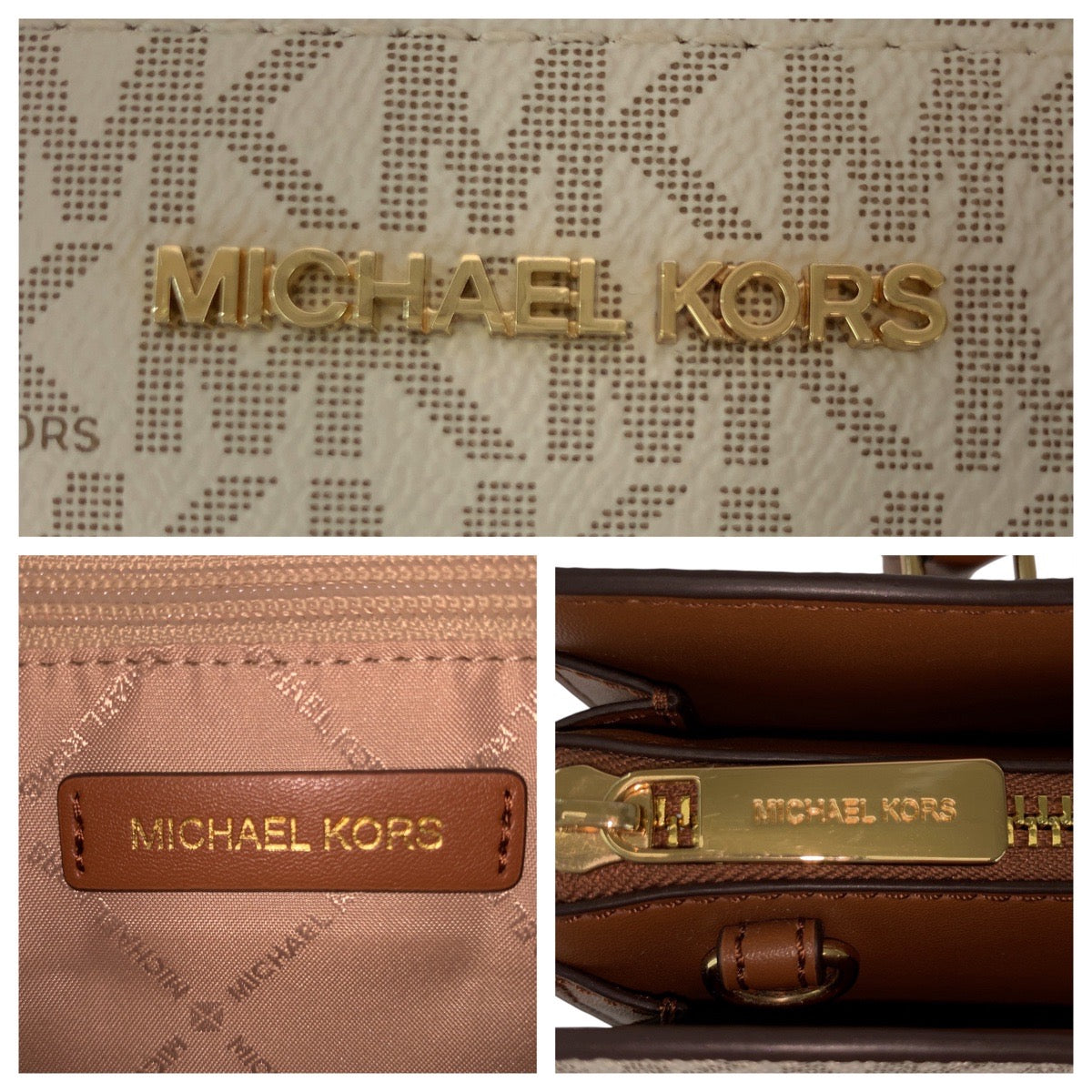 17820
Michael Kors マイケルコース MKシグネチャー シェイラ センタージップ サッチェル ホワイト ブラウン ゴールド金具 PVC ショルダーバッグ ハンドバッグ トートバッグ 2way  レディース S19