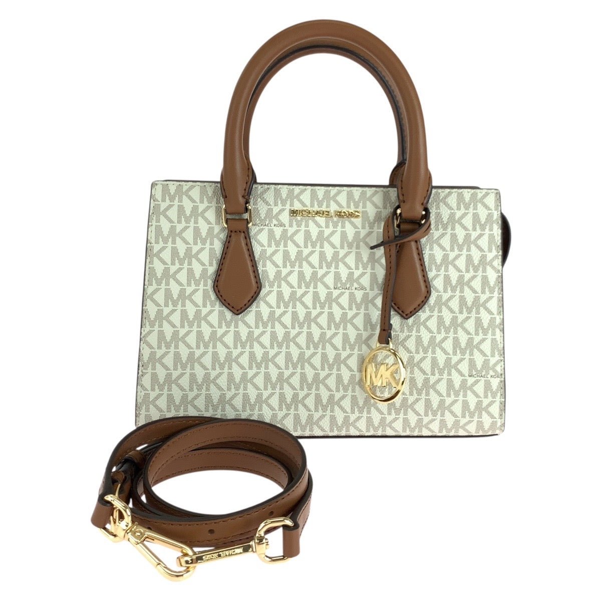 17820
Michael Kors マイケルコース MKシグネチャー シェイラ センタージップ サッチェル ホワイト ブラウン ゴールド金具 PVC ショルダーバッグ ハンドバッグ トートバッグ 2way  レディース S19