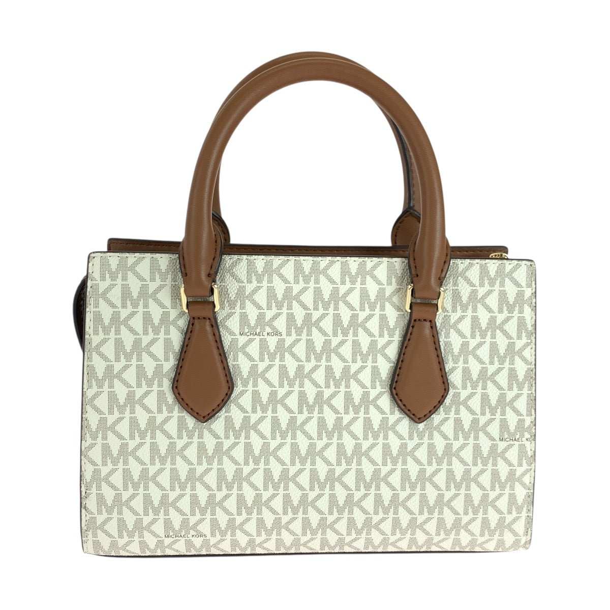 17820
Michael Kors マイケルコース MKシグネチャー シェイラ センタージップ サッチェル ホワイト ブラウン ゴールド金具 PVC ショルダーバッグ ハンドバッグ トートバッグ 2way  レディース S19