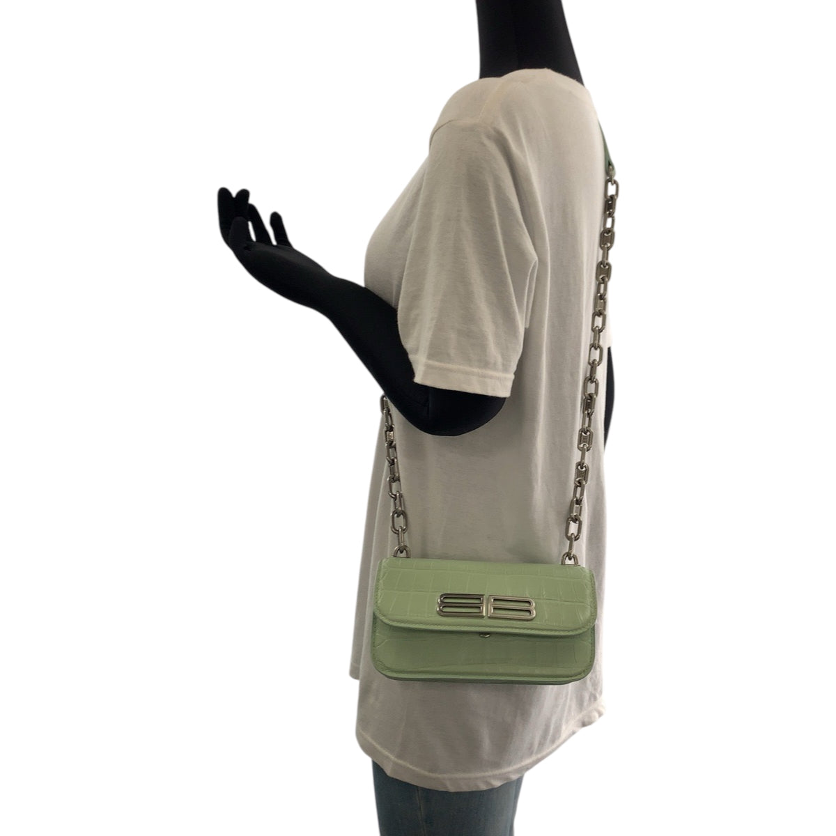 17827
BALENCIAGA バレンシアガ ゴシップ ロゴ ライトグリーン シルバー金具 レザー チェーンショルダーバッグ ポシェット  レディース