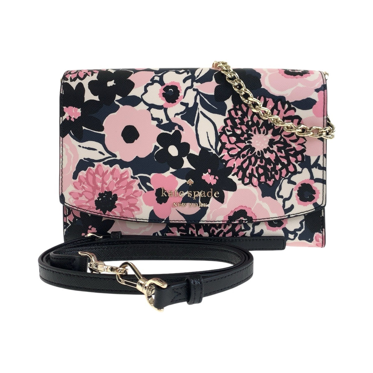 17833
Kate Spade ケイトスペード フラワー ピンク ブラック ゴールド金具 PVC ショルダーバッグ ポシェット レディース N23