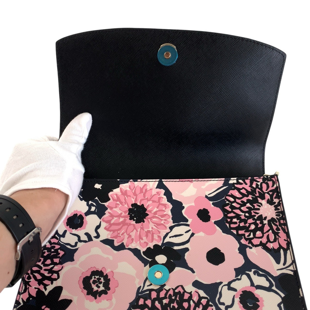17833
Kate Spade ケイトスペード フラワー ピンク ブラック ゴールド金具 PVC ショルダーバッグ ポシェット レディース N23