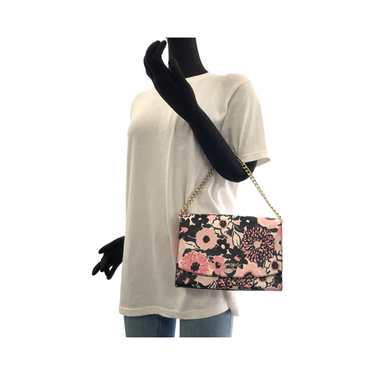 17833
Kate Spade ケイトスペード フラワー ピンク ブラック ゴールド金具 PVC ショルダーバッグ ポシェット レディース N23