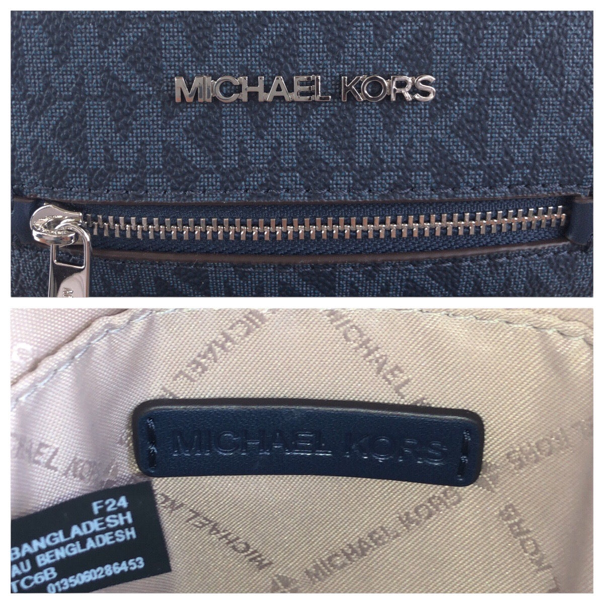17837
Michael Kors マイケルコース ネイビー ベージュ シルバー金具 レザー 斜め掛け ショルダーバッグ レディース N23