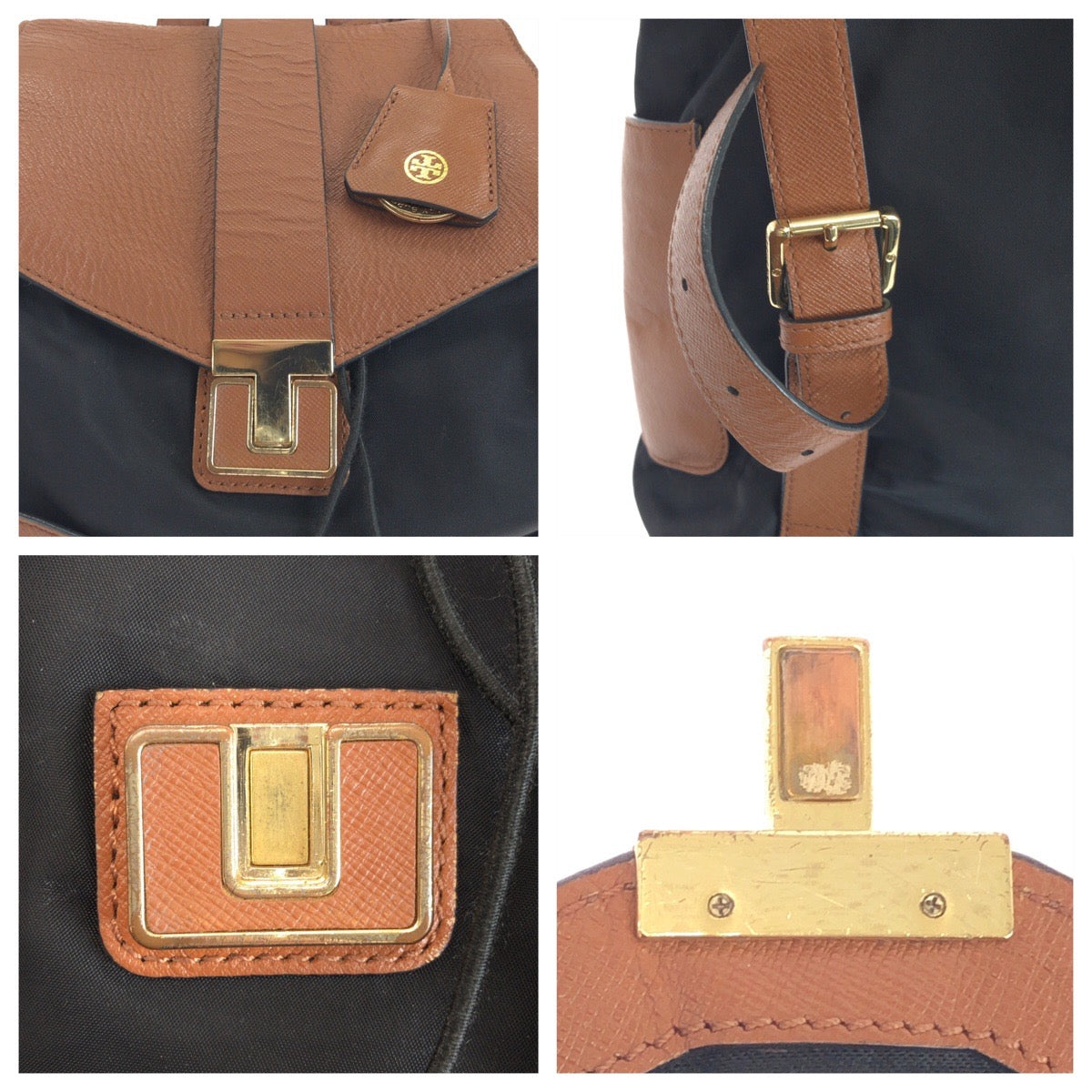 17842
Tory Burch トリーバーチ ブラック 黒 ブラウン ゴールド金具 ナイロン / レザー HST036 0913 リュック バックパック レディース AB