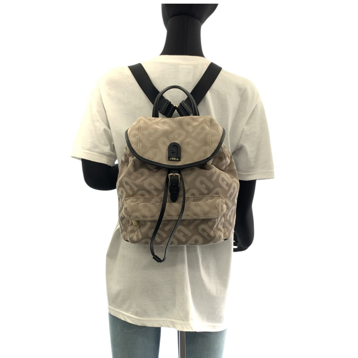 17844
Furla フルラ ベージュ ブラック ゴールド金具 キャンバス / レザー リュック バックパック  レディース ABP14