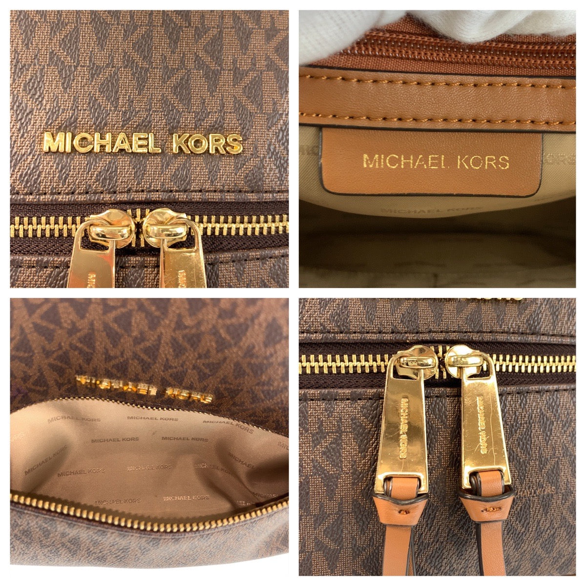 17856
Michael Kors マイケルコース MKシグネチャー リアジップ ブラウン ゴールド金具 PVC リュック バックパック  レディース ABP16