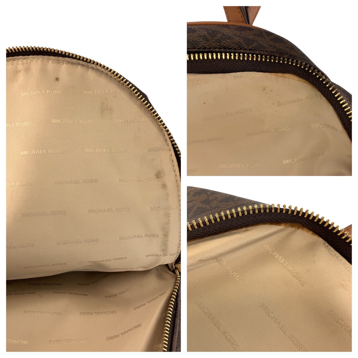 17856
Michael Kors マイケルコース MKシグネチャー リアジップ ブラウン ゴールド金具 PVC リュック バックパック  レディース ABP16