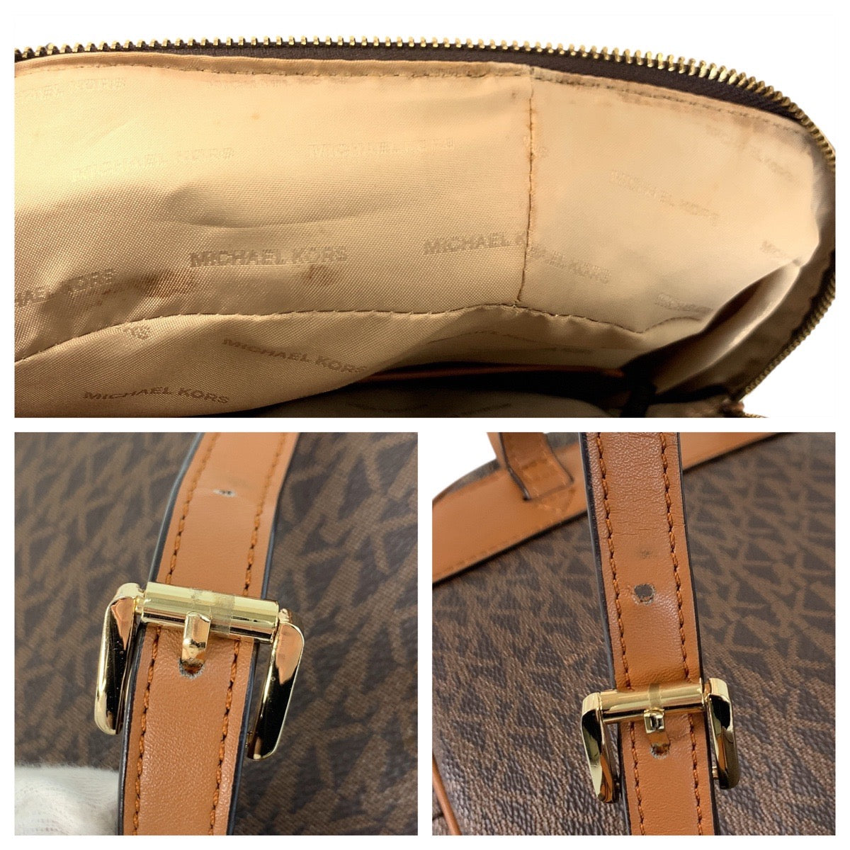 17856
Michael Kors マイケルコース MKシグネチャー リアジップ ブラウン ゴールド金具 PVC リュック バックパック  レディース ABP16