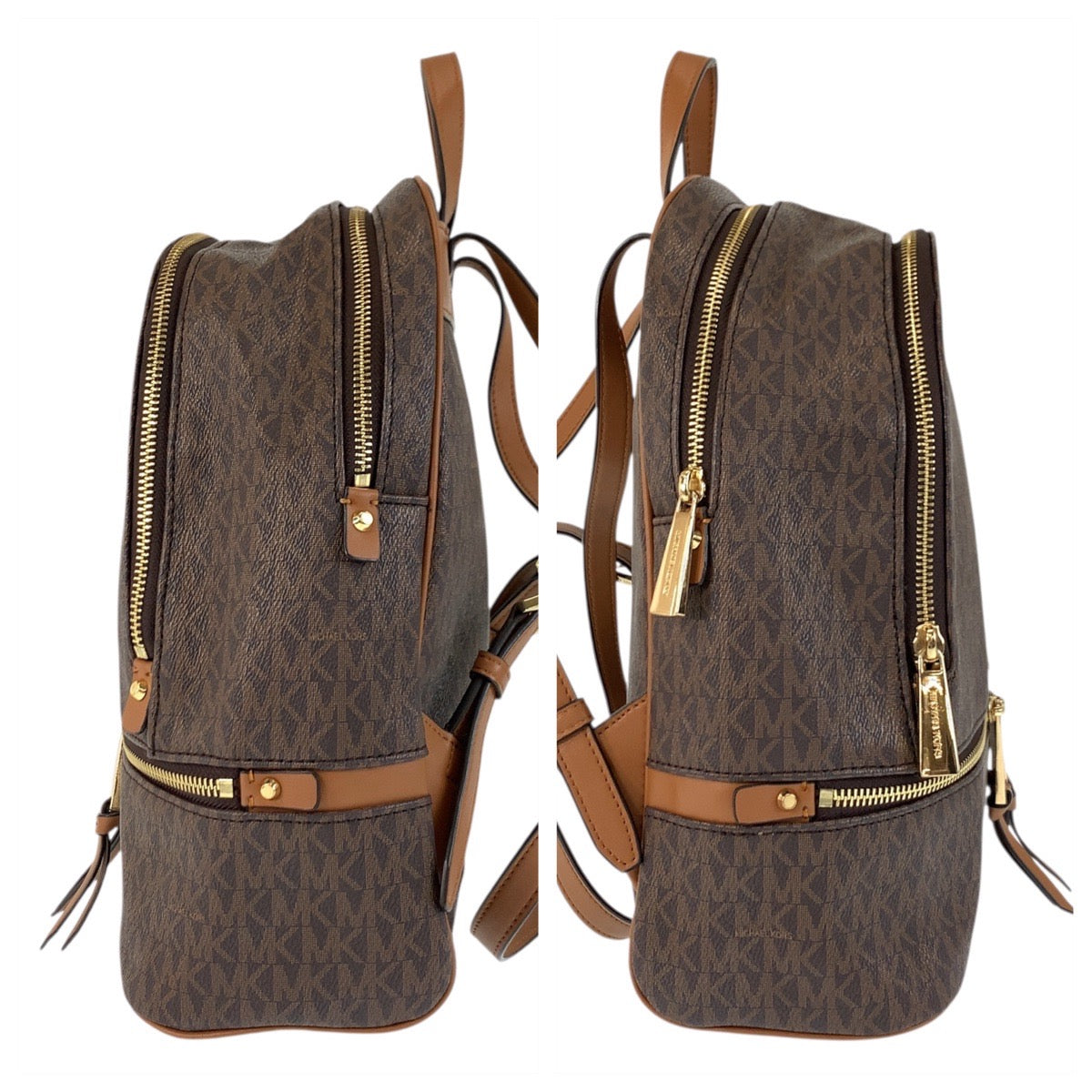 17856
Michael Kors マイケルコース MKシグネチャー リアジップ ブラウン ゴールド金具 PVC リュック バックパック  レディース ABP16