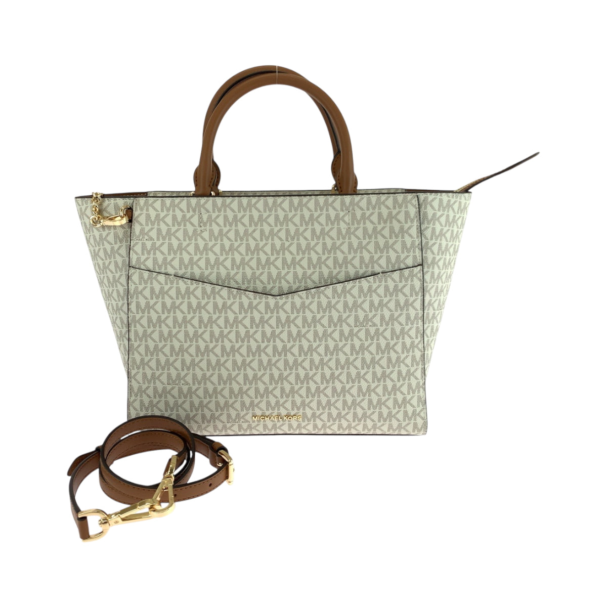 17858
Michael Kors マイケルコース サッチェル ミディアム アイボリー グレー ゴールド金具 PVC ショルダーバッグ ハンドバッグ 2way レディース SA18