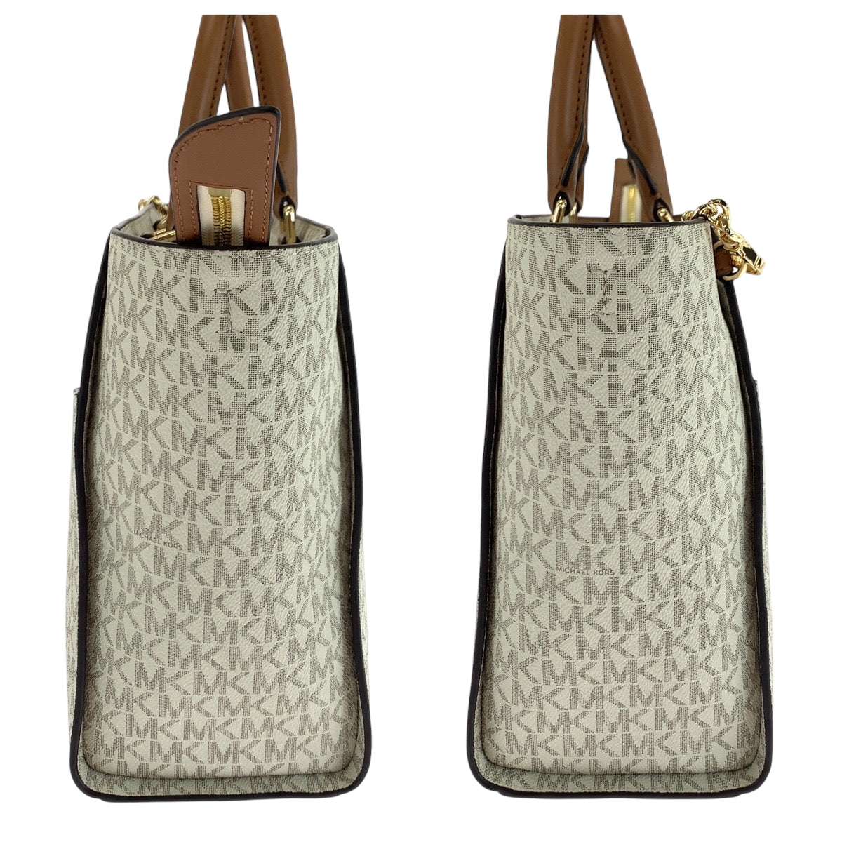 17858
Michael Kors マイケルコース サッチェル ミディアム アイボリー グレー ゴールド金具 PVC ショルダーバッグ ハンドバッグ 2way レディース SA18